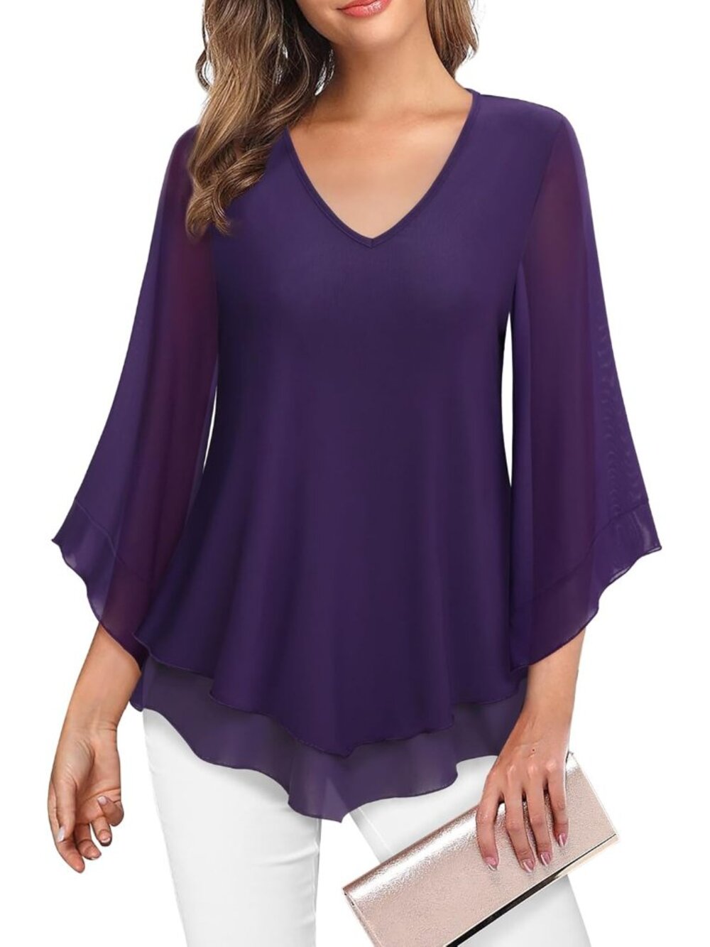 Women's Mesh Shirt Purple Double Layer Ruffle 3/4 Flared Sleeve Blouse Tunic Top